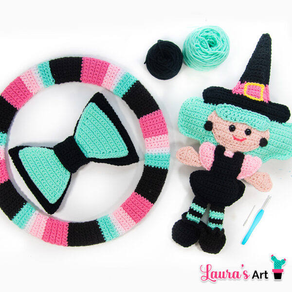 Crochet Wreath with a cute Little Witch for Halloween