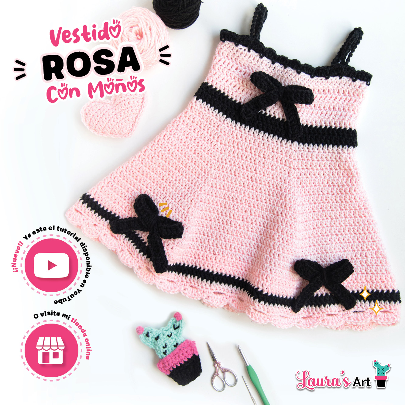 Vestido a Crochet para niña - Vestido Rosa con Moños a Crochet